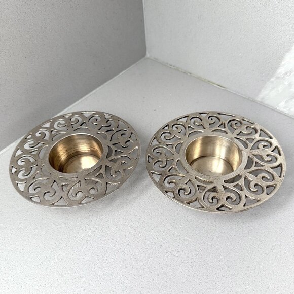 Vintage Silver Plated Brass Candle Holders Set Of 2 Round Heart Cutouts India - Picture 1 of 8